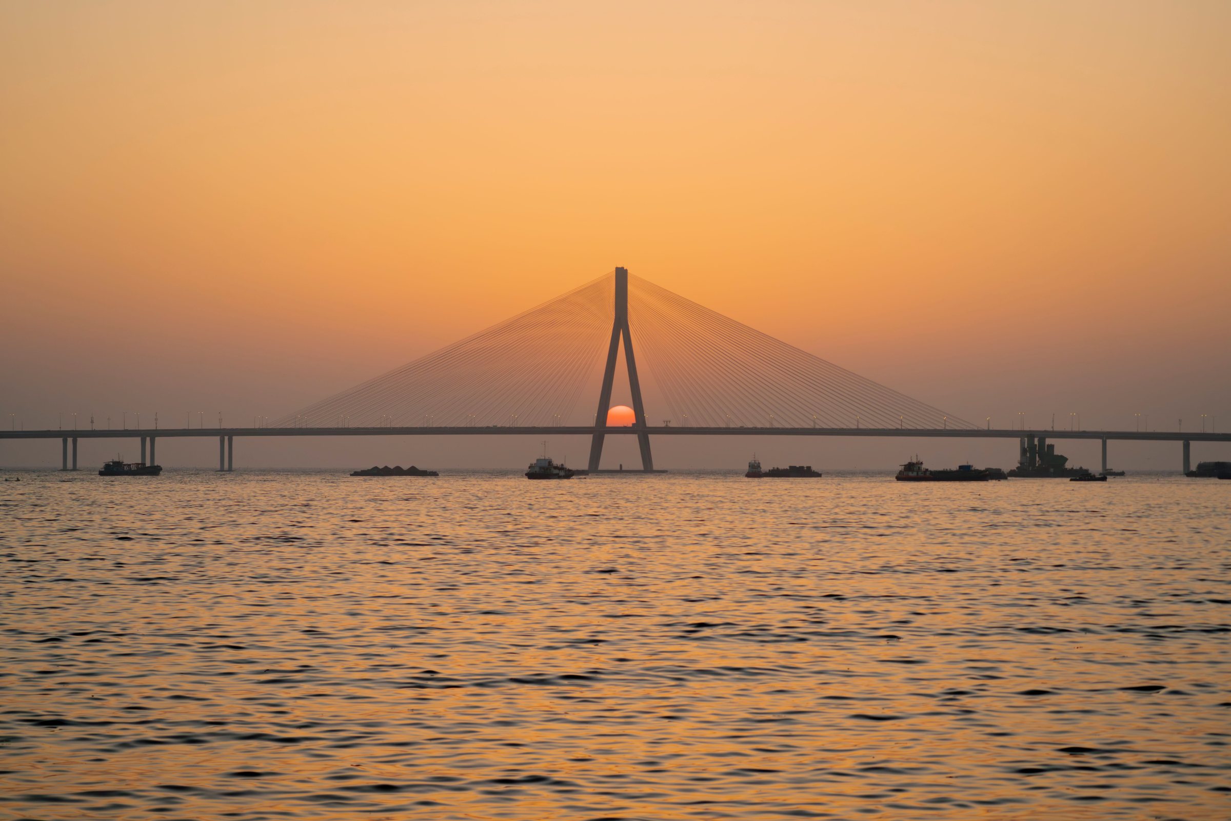The Bandra–Worli Sea Link at sunset over the Arabian Sea, Mumbai