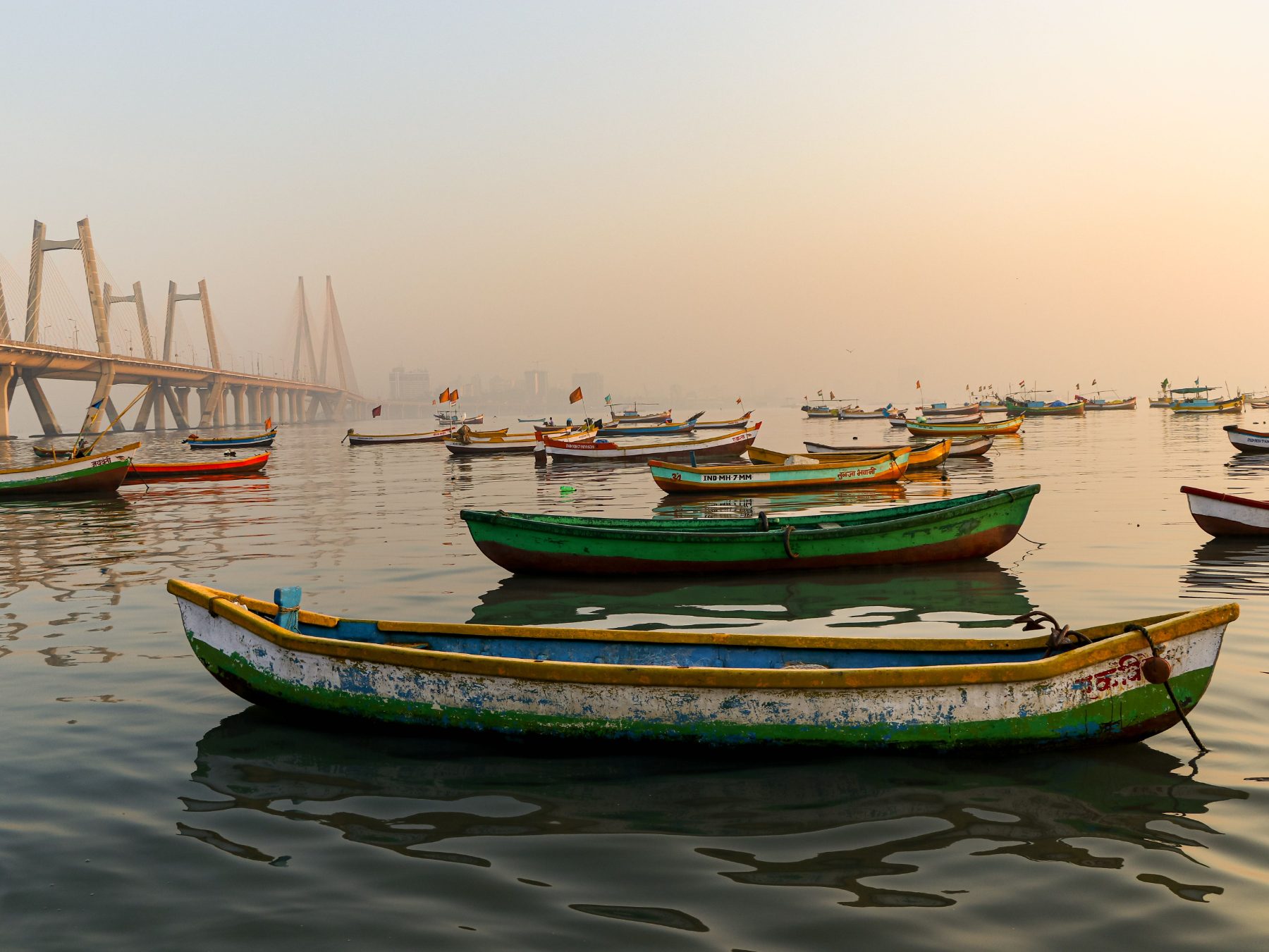 Worli — fishing boats below the Bandra–Worli Sea Link